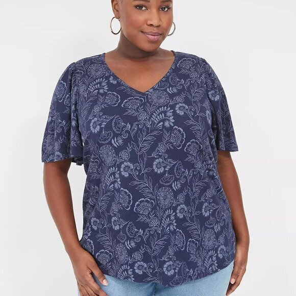 Lane Bryant Tops - "NWT" Lane Bryant Flutter-Sleeve V-Neck Top- Tonal Navy Floral- Size 26/28